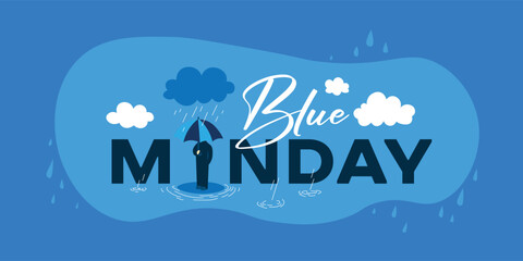 Fototapeta na wymiar Banner for Blue Monday with drawn person holding umbrella under rain