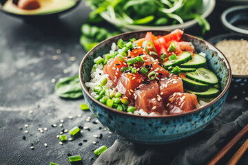 Salmon poke bowl with seaweed, avocado and cucumber. Generative AI - obrazy, fototapety, plakaty