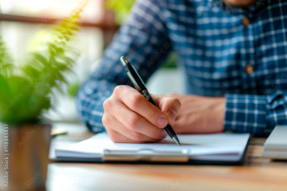 Wall mural hand view businessman writing on a clipboard sitting at a desk in the office