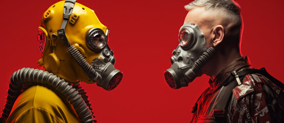 Two men in gas masks standing against red and black background with smoke