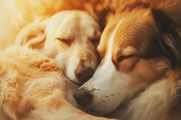 Two dogs snuggling together. Two adorable puppies sleeping together close up. Generative AI