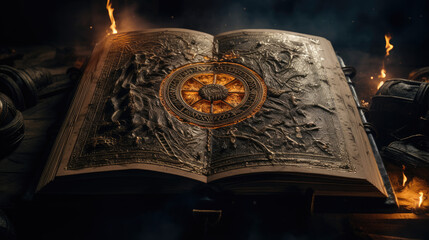 A magical book open to a page filled with intricate, arcane symbols and runes, evoking mysticism and ancient knowledge.