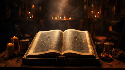 A magical book open to a page filled with intricate, arcane symbols and runes, evoking mysticism...