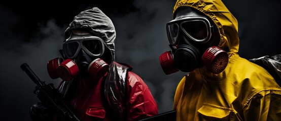 Two men in gas masks standing against red and black background with smoke - obrazy, fototapety, plakaty