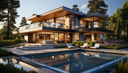 Modern architecture with swimming pool, design, and luxury outdoors at night generated by AI