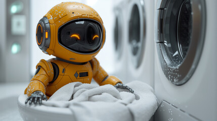 Cute white robot holding laundry basket. Smart home. Laundromat. Detergent. Daily chores concept