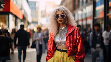 Obraz premium A vibrant street fashion scene in a bustling city, showcasing unique individual styles. Each outfit reflects creativity and individuality against the urban backdrop, creating a dynamic atmosphere.