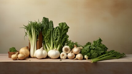  a group of vegetables sitting on top of a wooden table next to a bowl of broccoli and onions.