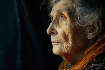 Through the window's gaze: An elderly woman, contemplative, peers into the world beyond, a testament to a lifetime of stories and wisdom generative ai - obrazy, fototapety, plakaty