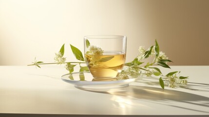  a glass of tea sitting on top of a white plate next to a green leafy branch of a plant.