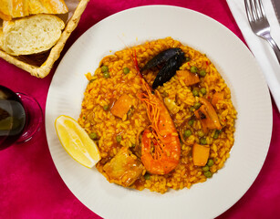 Spainsh dish seafood paella with rice, shrimps and mussels, nobody
