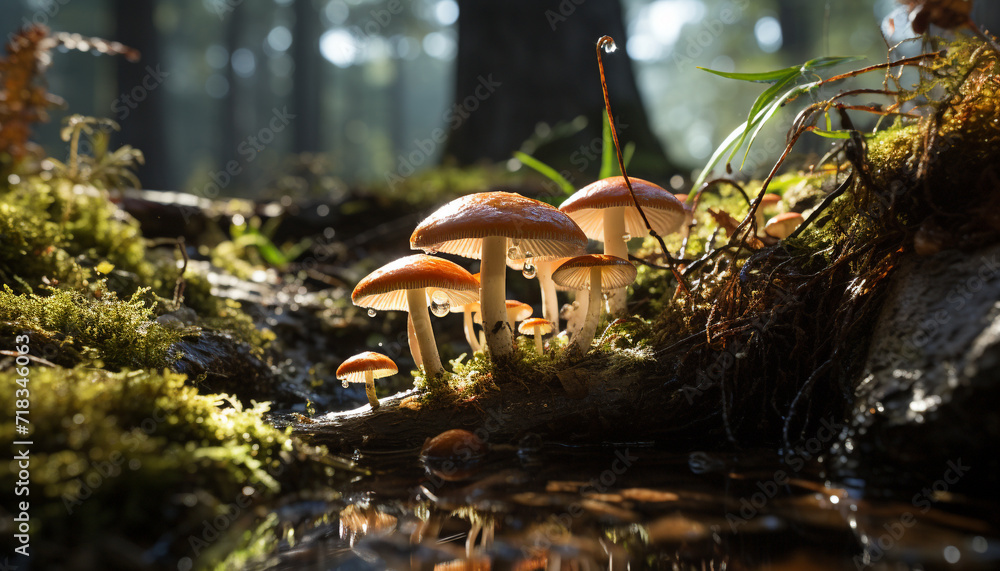 Sticker freshness of autumn in the uncultivated forest, edible mushroom growth generated by ai