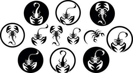 scorpion silhouettes icon. great set collection clip art animals Silhouette, Black insect vector illustration on white background. - obrazy, fototapety, plakaty