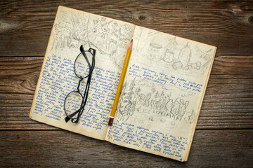 vintage travel journal from 1970s with handwriting and pencil sketches (property release attached)...