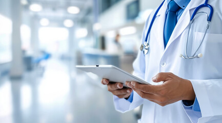 Doctor in hospital with patients charts. Making diagnosis and checking status and blood results