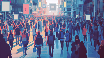 Urban crowd with facial recognition lines outdoor, blending technology and reality - obrazy, fototapety, plakaty