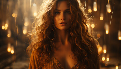 Young woman with long brown hair, looking at camera generated by AI