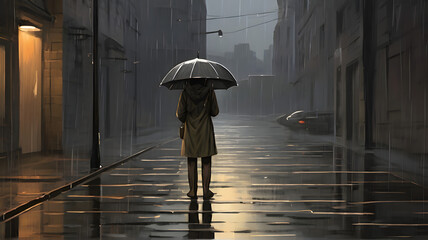 A solitary figure standing in the rain with an umbrella symbolizes the vulnerability and exposure often felt during episodes of depression - AI