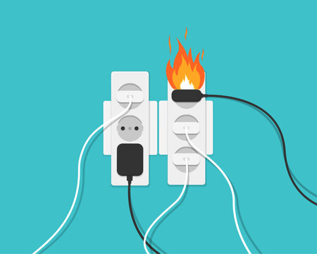 Fire in the socket. Electrical overload. Short circuit in the socket. Multi-socket adapter, electrical extension cord. The concept of electrical safety. Charger fire. Vector illustration.