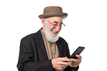 senior man holding mobile phone isolated on white background