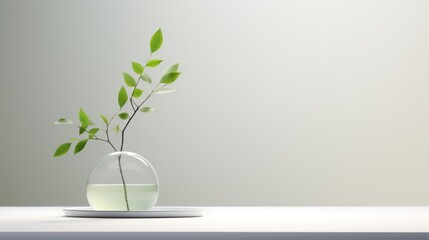  a vase with a plant in it sitting on a table next to a white plate with a green plant in it.