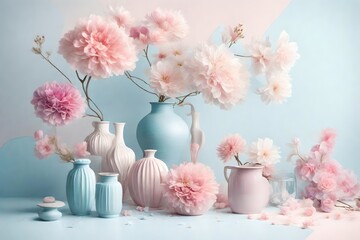 a color splash of pastel shades, including soft blues and pinks, against a serene white background for a subtle charm