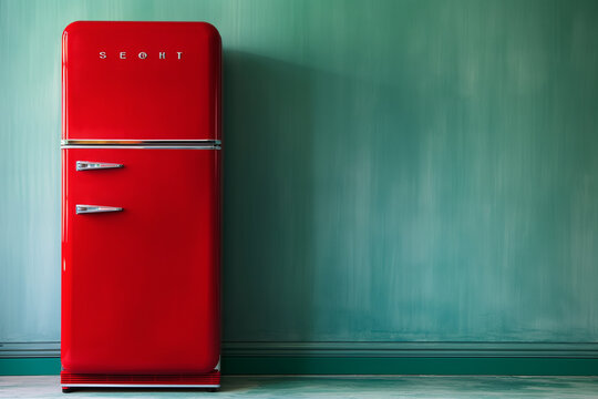 a red fridge stands against a green wall