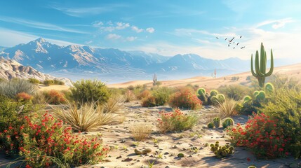 Artistic concept of painting a beautiful landscape of wild desert nature, background illustration, tender and dreamy design.