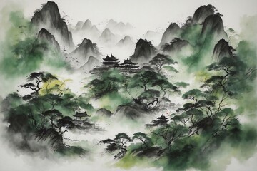 watercolor green landscape with trees in japanese style, waterfall in the mountains