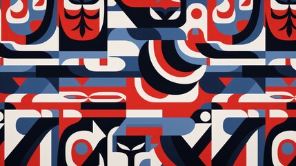  a red, white, and blue pattern with a black cat on the right side of the image and a black cat on the left side of the image.