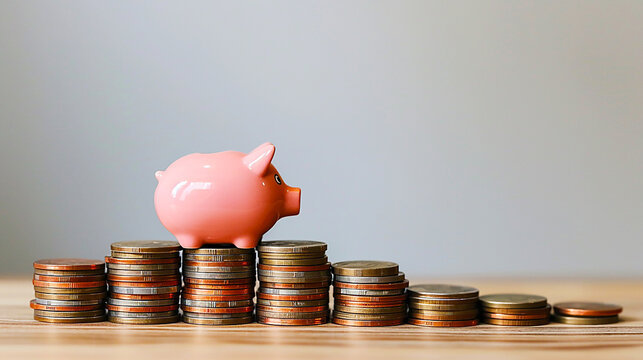 Staircase of piggy bank and coins