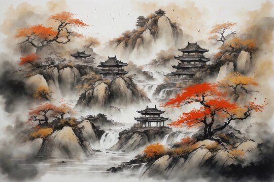 watercolor minimalist landscape with trees in japanese style, waterfall in the mountains © Jan