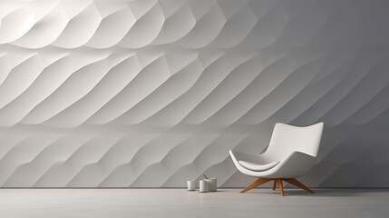 a white chair sitting on top of a white floor next to a wall with a wavy pattern on the wall.