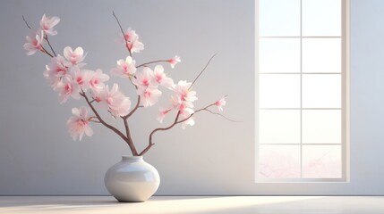  a white vase filled with pink flowers sitting on top of a white table next to a window on a gray wall.