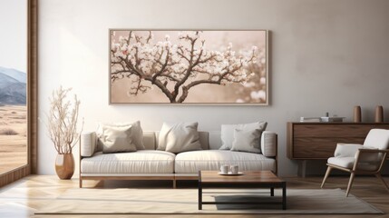  a living room with a couch, coffee table, and a painting of a blossoming tree on the wall.