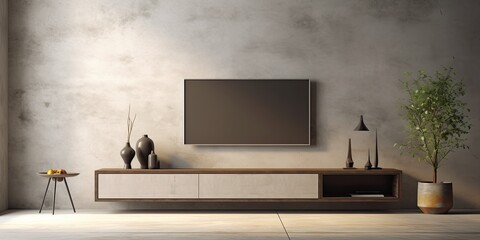 a TV cabinet mockup in a living room on a concrete wall.