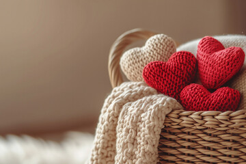 A wicker basket containing red knitted hearts and a white knitted blanket, set against a soft-focus background, ideal for Valentine's Day themed product displays or craft decoration settings. High
