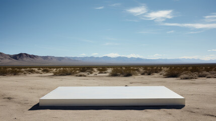 A photo of a modern milestone marker in a minimalist desert backdrop. The sleek marker with sharp lines contrasts boldly with the vast landscape, making a powerful statement.