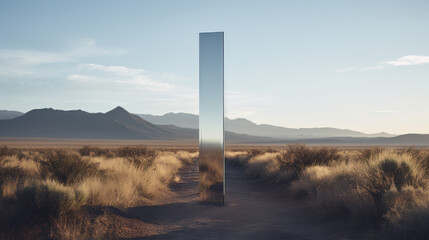 A photo of a modern milestone marker in a minimalist desert backdrop. The sleek marker with sharp lines contrasts boldly with the vast landscape, making a powerful statement. - obrazy, fototapety, plakaty