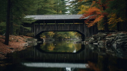 A serene river, embraced by forest, cradles a wooden covered bridge, embodying rural simplicity with clear, sharp detail. - obrazy, fototapety, plakaty