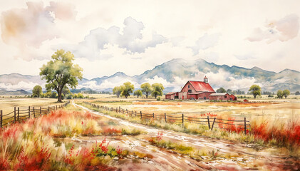 A painting of a red barn in a field with mountains in the background