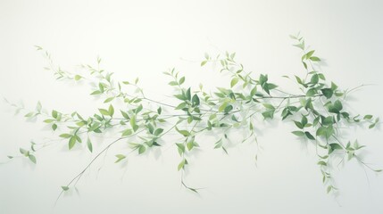  a branch of a plant with green leaves on a white background with a light reflection of the leaves on the wall.