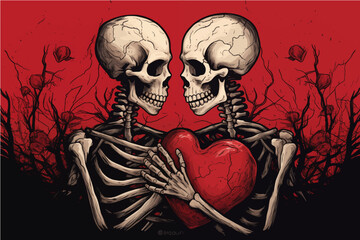 two skeletons in love hugging each other on the background of a pink heart with red roses, Valentine's Day postcard, Valentine's Day card, generative AI
