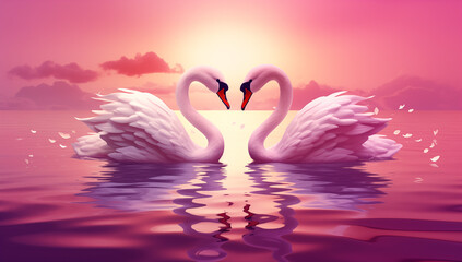 Two flamingos that face each other to make a heart shape, romantic sunset background for valentine day / anniversary - flamingo valentine  - obrazy, fototapety, plakaty
