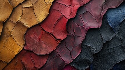 Background with colourful leather texture patches. Different sample pieces of natural or synthetic leather banner for fashion, footwear, furniture, accessories - obrazy, fototapety, plakaty