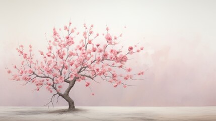  a painting of a tree with pink flowers in the foreground and a foggy sky in the back ground.