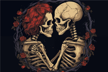 two skeletons in love hugging each other on the background of a pink heart with red roses, Valentine's Day postcard, Valentine's Day card, generative AI