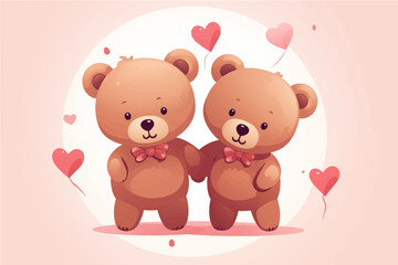 two cute little teddy bears with pink hearts, for valentine's day postcard, valentine's day card, generative AI