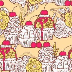 Tasty sweet cupcake dessert decorative seamless pattern for textile design, fabric print, digital or wrapping paper, wallpaper, background and backdrop, bakery shop decoration, cafe, restaurant menu.