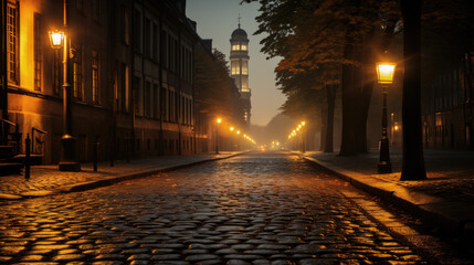 A timeless photograph of an old, charming street paved with cobblestones, lined with vintage...